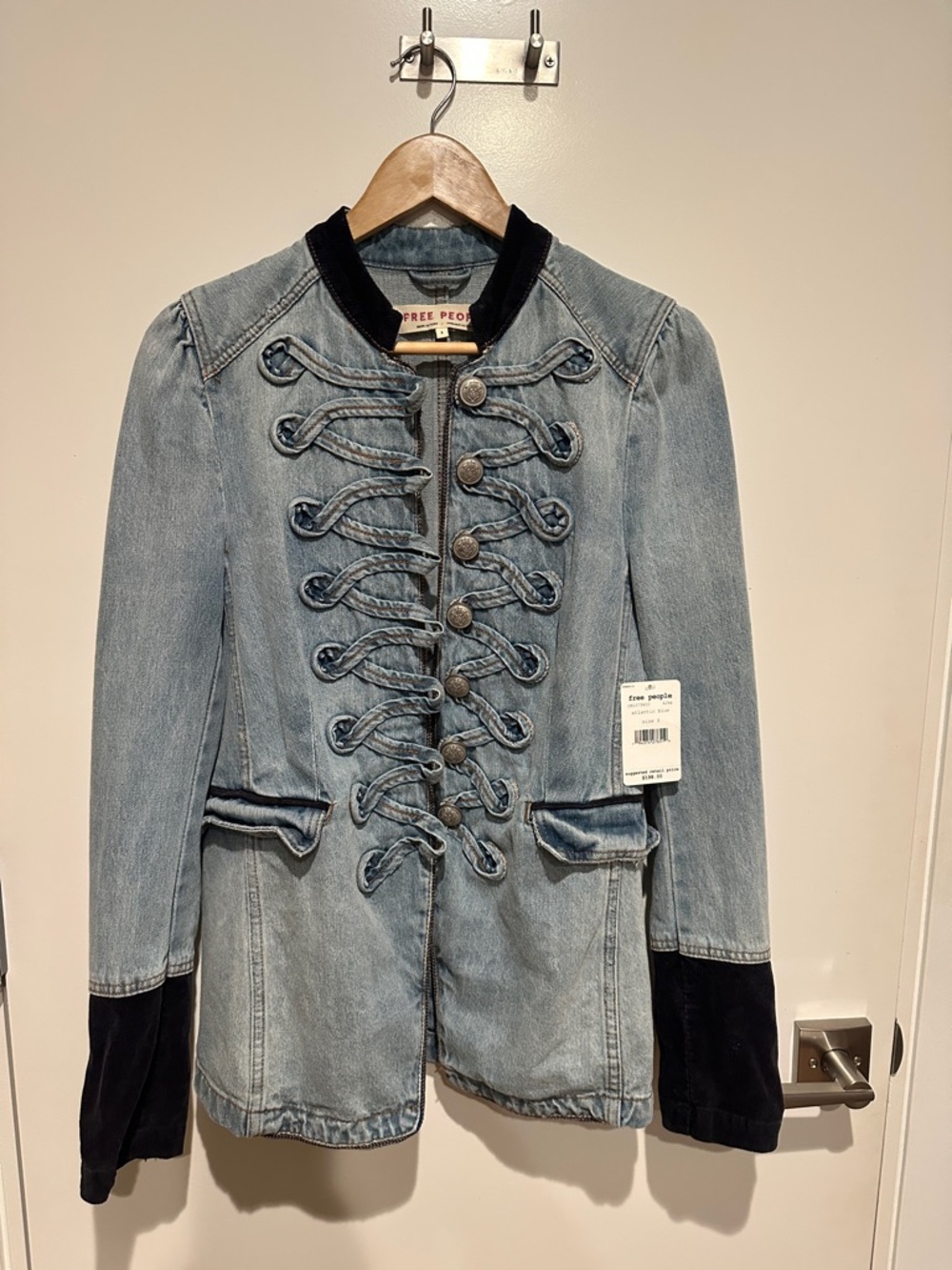 Free People Light Blue Denim Military-Style Jacket with Black Velvet Trim